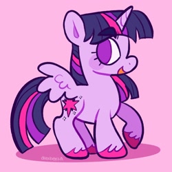 Size: 2048x2048 | Tagged: safe, artist:alexbeeza, imported from derpibooru, twilight sparkle, alicorn, pony, colored hooves, eyebrows, female, hooves, horn, looking back, mare, open mouth, open smile, pink background, raised hoof, signature, simple background, smiling, solo, solo female, spread wings, tail, thick eyebrows, twilight sparkle (alicorn), unshorn fetlocks, wings