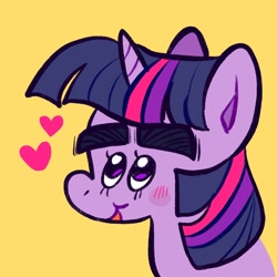 Size: 2048x2048 | Tagged: safe, artist:alexbeeza, imported from derpibooru, twilight sparkle, pony, unicorn, big eyebrows, blushing, bust, eyebrows, female, floating heart, heart, horn, looking up, mare, open mouth, open smile, portrait, simple background, smiling, solo, thick eyebrows, unicorn twilight, yellow background