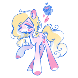 Size: 2048x2048 | Tagged: safe, artist:crasysam0, imported from derpibooru, oc, oc only, earth pony, pony, :d, art trade, blonde mane, blonde tail, blue eyes, blue rose, blue tongue, blush scribble, blushing, colored hooves, curly tail, cutie mark, earth pony oc, eyeshadow, flower, full body, gradient hooves, heart, hooves, lidded eyes, looking at you, low ponytail, makeup, multicolored hooves, no pupils, one eye closed, open mouth, open smile, pink coat, pink eyeshadow, raised hoof, rose, side ponytail, simple background, smiling, smiling at you, solo, standing, stray strand, tail, three quarter view, two toned mane, two toned tail, white background