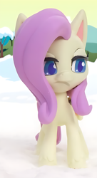 Size: 682x1258 | Tagged: safe, imported from derpibooru, screencap, fluttershy, pegasus, pony, my little pony: pony life, my little pony: stop motion short, cropped, frown, lidded eyes, snow, solo