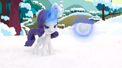 Size: 3840x2160 | Tagged: safe, imported from derpibooru, screencap, rarity, pony, unicorn, my little pony: pony life, my little pony: stop motion short, furrowed brow, glowing, glowing horn, horn, levitation, magic, smiling, snow, snowball, solo, telekinesis