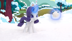 Size: 3840x2160 | Tagged: safe, imported from derpibooru, screencap, rarity, pony, unicorn, my little pony: pony life, my little pony: stop motion short, glowing, glowing horn, horn, levitation, magic, snow, snowball, solo, telekinesis