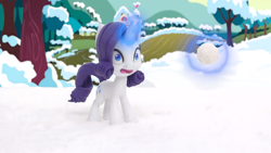 Size: 3840x2160 | Tagged: safe, imported from derpibooru, screencap, rarity, pony, unicorn, my little pony: pony life, my little pony: stop motion short, glowing, glowing horn, horn, levitation, magic, snow, snowball, solo, telekinesis