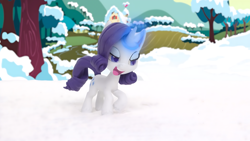 Size: 3840x2160 | Tagged: safe, imported from derpibooru, screencap, rarity, pony, unicorn, my little pony: pony life, my little pony: stop motion short, glowing, glowing horn, horn, lidded eyes, open mouth, open smile, smiling, snow, solo