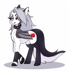 Size: 3957x4096 | Tagged: safe, artist:yutailaarts, imported from twibooru, bat pony, hellhound, pony, choker, clothes, crossover, cutie mark, ear piercing, earring, eyebrows, female, goth, heart, hellhound pony, helluva boss, image, jewelry, lidded eyes, looking at you, loona (helluva boss), mare, needs more jpeg, piercing, ponified, raised hoof, simple background, slit pupils, socks, solo, spiked choker, tail, underhoof, unshorn fetlocks, white background