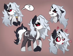 Size: 2048x1584 | Tagged: safe, artist:bink5bink5, imported from twibooru, earth pony, hellhound, pony, ear piercing, earring, eyebrows, female, frown, goth, gradient background, grumpy, hellhound pony, helluva boss, hoof hold, image, jewelry, looking down, loona (helluva boss), mare, needs more jpeg, piercing, ponified, question mark, slit pupils, socks (coat markings), solo, starry eyes, stars, tail, wingding eyes