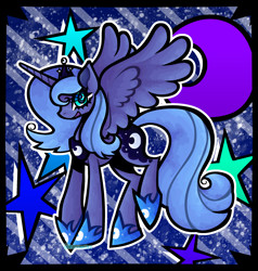 Size: 2300x2415 | Tagged: safe, artist:thundersummonr, imported from derpibooru, princess luna, alicorn, pony, abstract background, female, full body, mare, open mouth, open smile, outline, passepartout, s1 luna, smiling, solo