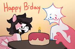 Size: 1146x751 | Tagged: safe, artist:natpack, imported from derpibooru, oc, oc only, oc:brightbrush(natpack), bat pony, pony, bell, bell collar, birthday, birthday cake, cake, candle, collar, colored lineart, food, glasses, gradient background, halfbody, league of legends, lightly watermarked, non-pony oc, self insert, simple background, sona, table, text, watermark