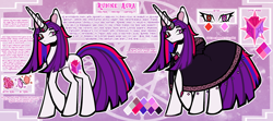 Size: 3144x1398 | Tagged: safe, artist:thundersummonr, imported from derpibooru, oc, oc only, oc:rubine aura, pony, unicorn, abstract background, accessory, cloak, clothes, description, digital art, english, heterochromia, horn, horn ring, jewelry, mare oc, pronouns, purple mane, reference sheet, ring, solo, text, unicorn oc, white coat