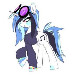 Size: 2048x2048 | Tagged: safe, artist:crasysam0, imported from derpibooru, dj pon-3, vinyl scratch, pony, unicorn, beauty mark, blush scribble, blushing, bracelet, closed mouth, clothes, drawstrings, fangs, female, full body, hoodie, horn, jewelry, long sleeves, looking forward, mare, raised hoof, red eyes, side view, simple background, smiling, solo, standing, sunglasses, sunglasses on head, three toned mane, three toned tail, white background