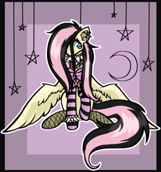 Size: 2420x2600 | Tagged: safe, artist:thundersummonr, imported from derpibooru, fluttershy, pegasus, pony, 2007, bowtie, chain necklace, chains, collar, emo, emoshy, female, jewelry, mare, necklace, outline, sitting, solo, spiked collar, tail, two toned mane, two toned tail