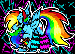 Size: 2900x2100 | Tagged: safe, artist:thundersummonr, imported from derpibooru, rainbow dash, pegasus, pony, 2007, abstract background, clothes, grin, leg warmers, outline, scene kid, smiling, striped leg warmers, teeth