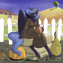 Size: 900x900 | Tagged: safe, alternate version, artist:kevinsano, imported from derpibooru, princess luna, alicorn, anthro, bird, crow, unguligrade anthro, big breasts, breasts, busty princess luna, clothes, dress, female, floral head wreath, flower, gourd, hay bale, mare, multiple variants, open mouth, open smile, outdoors, pumpkin, signature, sitting, smiling, solo