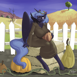 Size: 900x900 | Tagged: safe, alternate version, artist:kevinsano, imported from derpibooru, princess luna, alicorn, anthro, bird, crow, unguligrade anthro, big breasts, breasts, busty princess luna, clothes, dress, female, floral head wreath, flower, gourd, hay bale, huge breasts, mare, multiple variants, open mouth, open smile, outdoors, pumpkin, signature, sitting, smiling, solo