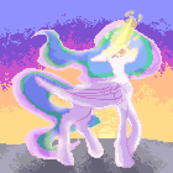 Size: 894x894 | Tagged: safe, artist:dumbmandarina, imported from derpibooru, princess celestia, alicorn, pony, digital art, glowing, glowing horn, horn, magic, pixel art, solo