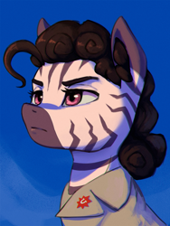 Size: 1500x1998 | Tagged: safe, artist:mrscroup, imported from derpibooru, oc, oc only, oc:zanit monzano, zebra, equestria at war mod, bust, clothes, ear fluff, female, looking offscreen, patriotic, portrait, solo, zebra oc