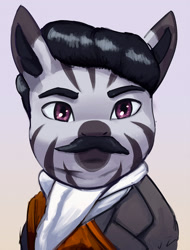 Size: 1500x1972 | Tagged: safe, artist:mrscroup, imported from derpibooru, oc, oc only, oc:zenarvo ozid, zebra, equestria at war mod, bust, clothes, ear fluff, facial hair, looking at you, male, moustache, portrait, solo, zebra oc