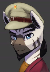 Size: 1500x2135 | Tagged: safe, artist:mrscroup, imported from derpibooru, oc, oc only, oc:zanuzel zala, zebra, equestria at war mod, bust, clothes, ear fluff, facial hair, goatee, hat, looking at you, looking offscreen, male, portrait, solo, zebra oc