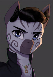 Size: 1500x2186 | Tagged: safe, artist:mrscroup, imported from derpibooru, oc, oc only, oc:zammo jazelid, zebra, equestria at war mod, bust, clothes, ear fluff, jewelry, male, necklace, portrait, smiling, smirk, solo, zebra oc