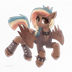 Size: 2000x2000 | Tagged: safe, artist:scheadar, imported from derpibooru, oc, oc only, oc:skyline, pegasus, pony, clothes, collar, ear piercing, earring, eyebrow piercing, female, jewelry, mare, piercing, punk, solo, spiked wristband, wristband