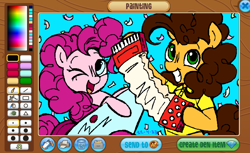 Size: 1630x1000 | Tagged: safe, artist:niixyx, imported from derpibooru, cheese sandwich, pinkie pie, earth pony, pony, 2023, ;d, accordion, animal jam, art program in frame, blue background, blush scribble, blushing, cheesepie, clothes, collared shirt, confetti, cyan background, dated, duo, duo male and female, female, grin, looking at you, male, mare, musical instrument, nose blush, one eye closed, open mouth, open smile, party cannon, pixel-crisp art, playing instrument, shipping, shirt, short sleeves, simple background, smiling, smiling at you, stallion, straight, upper body, wink, winking at you