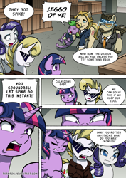 Size: 1204x1700 | Tagged: safe, artist:tarkron, imported from derpibooru, colter sobchak, jeff letrotski, rarity, spike, twilight sparkle, oc, alicorn, dragon, pony, unicorn, comic:the royal sandal, horn, twilight sparkle (alicorn), unicorn oc