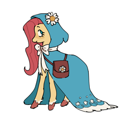 Size: 2036x1968 | Tagged: safe, artist:arrgh-whatever, imported from derpibooru, fluttershy, pegasus, pony, aside glance, bag, bow, cape, closed mouth, clothes, daisy (flower), eyebrows, female, flower, full body, fur trim, hooded cape, hoof shoes, looking at you, mare, neck bow, no pupils, side view, sideways glance, simple background, smiling, smiling at you, solo, standing, taffeta cape, teal eyes, white background