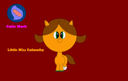 Size: 900x573 | Tagged: safe, artist:worldofcaitlyn, imported from derpibooru, earth pony, pony, calamity, closed mouth, clothes, cloven hooves, cutie mark, female, frown, little miss, little miss calamity, mare, mr. men, mr. men little miss, ponified, red background, rule 85, shoes, simple background, solo, the mr. men show