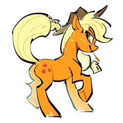 Size: 2048x2048 | Tagged: safe, artist:dujuxidao, imported from derpibooru, applejack, earth pony, pony, applejack's hat, aside glance, closed mouth, cowboy hat, female, freckles, full body, hat, lidded eyes, looking at you, mare, outline, side view, sideways glance, simple background, smiling, smiling at you, solo, straw in mouth, underhoof, walking, white background, white outline