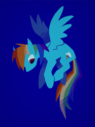 Size: 1533x2048 | Tagged: safe, artist:dujuxidao, imported from derpibooru, rainbow dash, pegasus, pony, blue background, chromatic aberration, dark, dark blue background, feathered wings, female, flying, full body, lineless, looking down, mare, no mouth, simple background, solo, three quarter view, wings