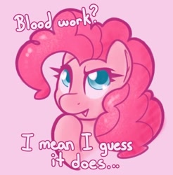 Size: 526x534 | Tagged: source needed, safe, artist:dynamosaysrelax, imported from derpibooru, pinkie pie, earth pony, pony, bust, heart, heart eyes, hoof on chin, implied blood, portrait, solo, text, wingding eyes