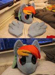 Size: 827x1116 | Tagged: safe, artist:tinderboxer, imported from derpibooru, rainbow dash, fursuit head, irl, outdoors, photo, ponysuit, solo, wip