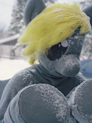 Size: 827x1104 | Tagged: safe, artist:tinderboxer, imported from derpibooru, derpy hooves, fursuit, irl, outdoors, photo, ponysuit, snow, solo, underhoof