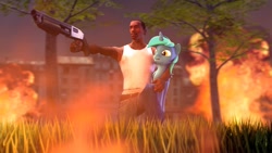 Size: 1920x1080 | Tagged: safe, artist:bronydj, imported from derpibooru, oc, oc:sinecrass, alicorn, human, pony, 3d, building, carl johnson, fire, grand theft auto, grass, gta san andreas, gun, shotgun, source filmmaker, tree, weapon