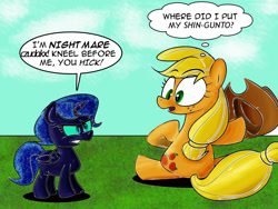 Size: 2000x1500 | Tagged: safe, artist:epulson, artist:zarcan, imported from derpibooru, applejack, earth pony, pony, applejack's hat, cowboy hat, duo, hat, sitting, speech bubble