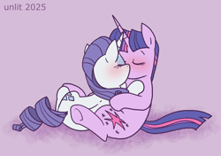 Size: 1278x902 | Tagged: safe, artist:unlit, imported from derpibooru, rarity, twilight sparkle, pony, unicorn, blushing, female, horn, kiss on the lips, kissing, lesbian, rarilight, shipping, simple background, sitting, unicorn twilight