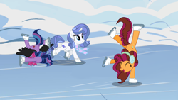 Size: 6400x3600 | Tagged: safe, artist:shadowandromedayt, imported from derpibooru, oc, oc:lora crystal swirl, oc:shadow andromeda, oc:sweet cake, pony, handstand, ice skating, parent:cheese sandwich, parent:fancypants, parent:pinkie pie, parent:rarity, parent:sombra, parent:twilight sparkle, trio, upside down