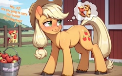 Size: 1952x1224 | Tagged: safe, imported from twibooru, apple bloom, applejack, big macintosh, earth pony, pony, ai content, ai generated, blonde hair, blushing, dream, female, generator:pony diffusion v6 xl, green eyes, hooves, image, kissing, male, mare, needs more jpeg, prompter:panzglard, shipping, smiling, speech bubble, tail, talking