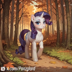 Size: 1304x1304 | Tagged: safe, imported from twibooru, rarity, pony, unicorn, ai content, ai generated, autumn, blushing, female, forest, horn, image, looking at you, needs more jpeg, prompter:panzglard, solo, solo female, tree