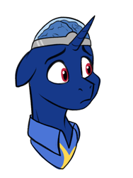 Size: 630x839 | Tagged: safe, artist:rutkotka, imported from derpibooru, oc, oc only, oc:bit shift, cyborg, cyborg pony, pony, unicorn, blue coat, brain, bust, clothes, concerned, floppy ears, frown, horn, jumpsuit, no mane, organs, red eyes, simple background, solo, transparent background, vault suit