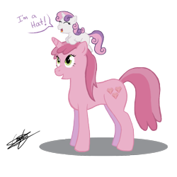 Size: 1000x1000 | Tagged: safe, artist:cubonator, imported from derpibooru, ruby pinch, sweetie belle, pony, unicorn, 2012, age difference, background pony, cute, diasweetes, duo, eyes closed, female, filly, filly on mare, foal, future, horn, lesbian, looking up, mare, older, older ruby pinch, open mouth, open smile, pinchybetes, shadow, signature, simple background, smiling, speech bubble, sweetiehat, talking, transparent background