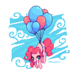 Size: 3400x3400 | Tagged: safe, artist:acupkafro, imported from derpibooru, pinkie pie, earth pony, pony, balloon, cloud, cute, diapinkes, digital art, female, floating, high res, mare, my little pony, pixel art, smiling, solo, then watch her balloons lift her up to the sky