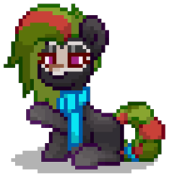 Size: 720x752 | Tagged: safe, imported from derpibooru, oc, oc only, oc:solstice shade, earth pony, pony, pony town, black coat, braid, braided tail, clothes, digital art, earth pony oc, female, green hair, green mane, green tail, mare, mask, pink eyes, pixel art, raised hoof, red hair, red mane, red tail, scarf, simple background, sitting, skull, skull mask, solo, tail, transparent background, two toned hair, two toned mane, two toned tail