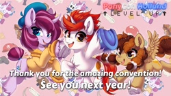 Size: 1366x768 | Tagged: artist needed, safe, artist:ponyconholland, imported from derpibooru, oc, oc only, oc:fan brush, oc:poffertje, oc:stroopwafeltje, convention, mascot, netherlands, ponycon holland, trio