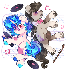 Size: 1904x2048 | Tagged: safe, artist:cocopudu, imported from derpibooru, dj pon-3, octavia melody, vinyl scratch, earth pony, pony, unicorn, blushing, bow (instrument), duo, female, horn, lesbian, music notes, neck bow, record, scratchtavia, shipping, smiling, sunglasses, unshorn fetlocks