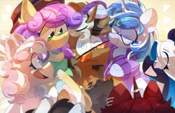 Size: 5550x3600 | Tagged: safe, artist:pakmur, imported from derpibooru, oc, oc only, oc:macchiato, oc:milky clouds, oc:nightlight dawn, oc:pillow, oc:quickdraw, oc:stargal, oc:sugar bow, earth pony, pegasus, unicorn, dizzy, glasses, horn, looking at someone, overwhelmed, petting, surrounded