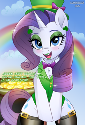 Size: 1400x2046 | Tagged: safe, artist:lennonblack, imported from derpibooru, rarity, unicorn, beauty mark, bowtie, clothes, clover, dialogue, eyeshadow, feral, green eyeshadow, hat, holiday, horn, looking at you, makeup, open mouth, open smile, pot of gold, rainbow, saint patrick's day, saint patrick's day 2025, smiling, socks, sparkles, stockings, thigh highs, top hat