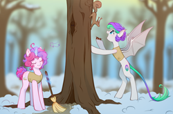 Size: 4477x2961 | Tagged: safe, artist:melodylibris, imported from derpibooru, oc, oc only, oc:lony, oc:melody (melodylibris), bat pony, pony, squirrel, unicorn, acorn, bat pony oc, bat wings, bipedal, bipedal leaning, broom, duo, duo female, eyes closed, female, glowing, glowing horn, high res, horn, leaning, leonine tail, magic, mare, music notes, open mouth, open smile, smiling, snow, spread wings, tail, telekinesis, tree, wings