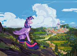 Size: 5535x4000 | Tagged: safe, artist:megalura, imported from derpibooru, twilight sparkle, alicorn, pony, absurd resolution, curved horn, female, horn, mare, outdoors, scenery, smiling, solo, twilight sparkle (alicorn)