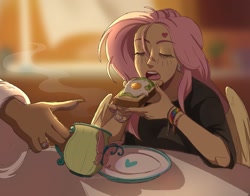 Size: 1692x1328 | Tagged: safe, artist:timelessclownry, imported from derpibooru, discord, fluttershy, human, bracelet, bread, breakfast, cup, discoshy, duo, ear piercing, earring, eating, female, food, humanized, jewelry, male, offscreen character, piercing, ring, shipping, solo focus, straight, teacup, toast, winged humanization, wings